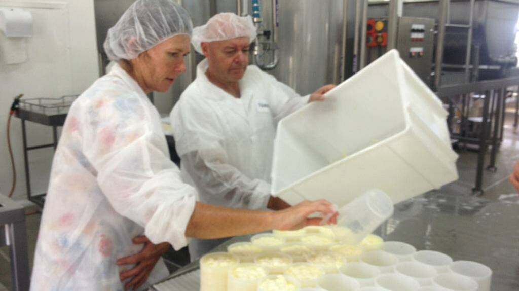 CHEESE MAKING: Cheese making course participants Megan Fraser and Shane Purcell looking the part in the ABC Cheese Factory.