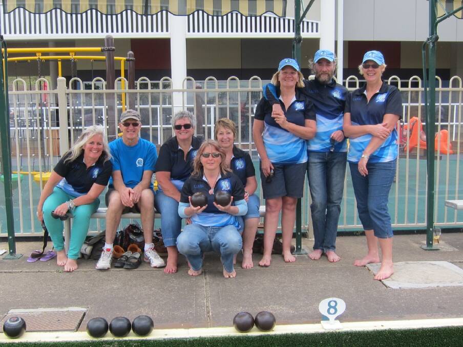 DRAGON BOWLS: Members of the Narooma Bluewater Dragonboat club supported the Dalmeny Deviates Bowls day last year and had a load of fun - Gilly Kearney, Lloyd McLachlan, Helen Hayes, Leck Swadling, Kathryn Essex, Peter Essex, Judy McLachlan; (front) the ball-bearer Jane Mansergh. 