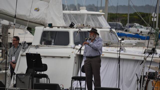 WELCOME SPEAKER: Elder and Welcome to Country speaker Lou Davis on the MV Pelican on the Bermagui harbour at the Four Winds Festival community concert.