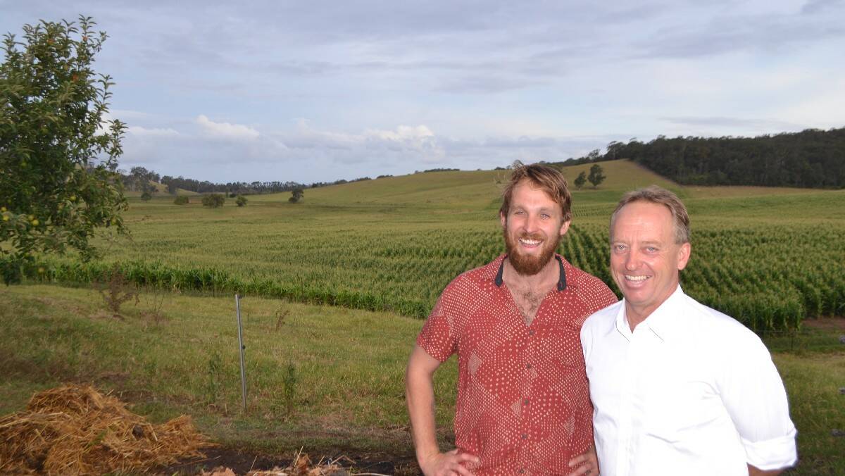 TILBA BOYS: River Cottage Australia host Paul West and host Nic Dibden check out the progress on the corn crop before the dinner.