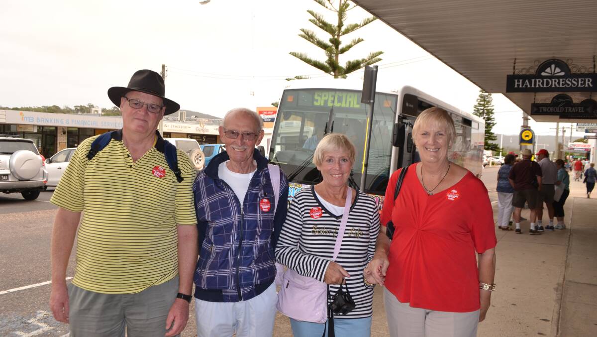 CRUISE COUPLES: Wilf Mees from Perth, Rex and Sophie Thorne from Richmond in London, England and Audrey Rees on the main street of Eden, 14 days into their 35-day cruise on the MV Astor. 