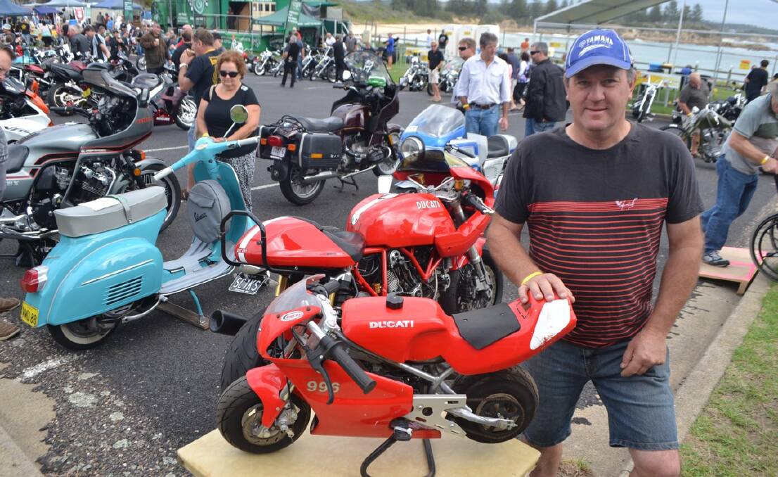 
TINY DUCATI: James Shaw of Yass brought his Eastern European made
Ducati mini-bike that can actually do 70km/h. In the background at the
CRABs Bermagui Bike Show 2014 is a full size Ducati racing bike.
 