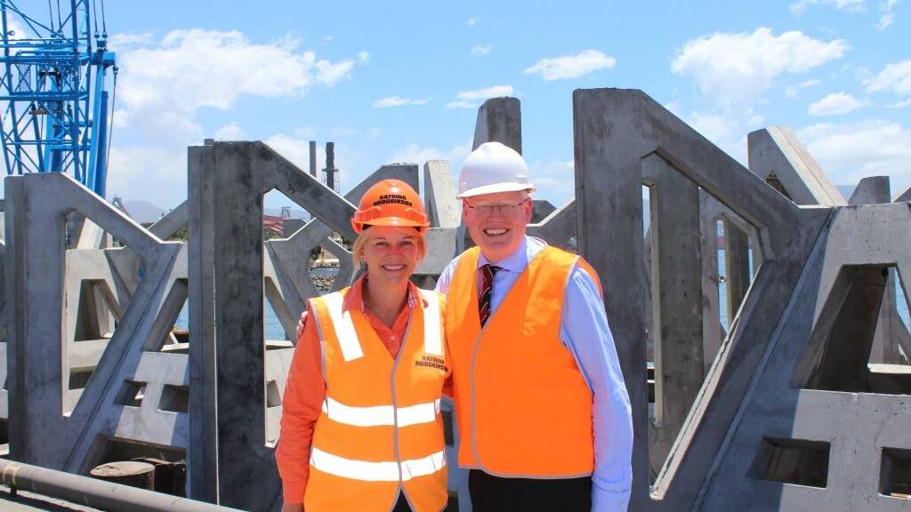 REEF BUILDING: NSW Minister for Primary Industries, Katrina Hodgkinson, and Member for Kiama, Gareth Ward, standing in front of one of the purpose-built concrete modules for the Shoalhaven Heads offshore artificial reef. 