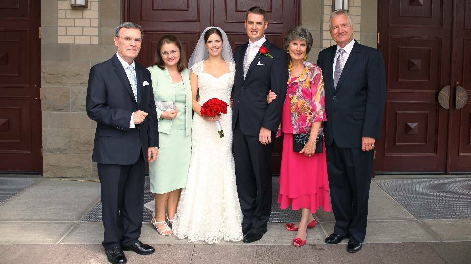 Andrew and Agnes are pictured with the parents of the bride Walter and Elizabeth Anczykowski (left) and proud parents of the groom, Al and Lesley Heffernan.