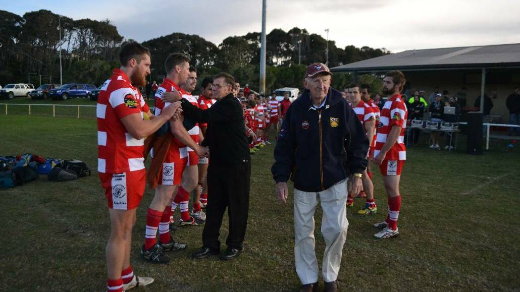 All grades of Group 16 Narooma Devils played the Moruya Sharks at Bill Smyth Oval on Saturday, June 28 and George Barker and Bob Bennett were recognised for their OAM's they received on the Queen's Birthday weekend for their contribution to rugby league.