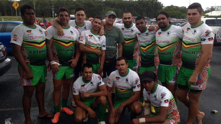 INDIGENOUS SEVENS: The Ella 7’s Muriyiras from back left Warren Foster, Brett Wellington, Shaq Waters, Max Harrison, Piet Zuydervliet (strapper), Darcy Cohen, Yuin Campbell, Poonch Campbell and Ashley Kenny. Front from left Isaac Cook, Troy Cook and Jermaine Ballingarry.