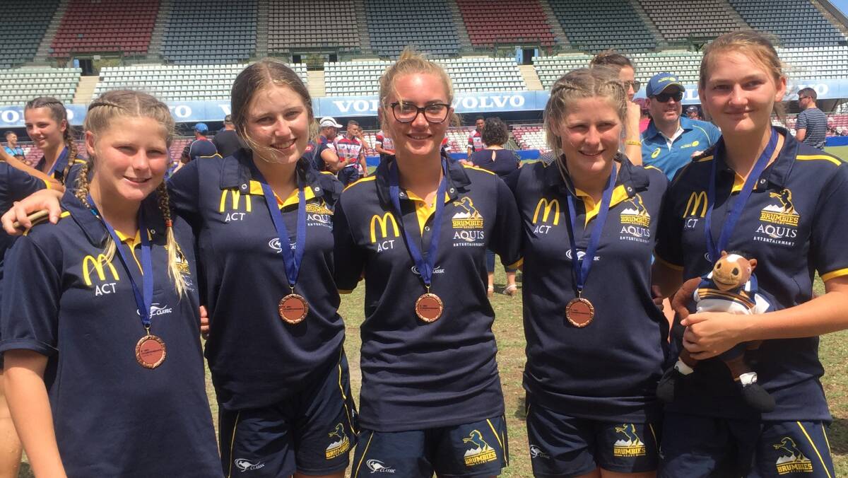 Bronze medallists: The five Falcons girls representing who finished third in the National Youth 7s. Picture: Georgina Mallard.