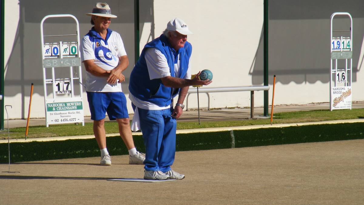 Narooma Bowling Club: Keith Bowater delivers his bowl in his match against Jeremy Seaton.