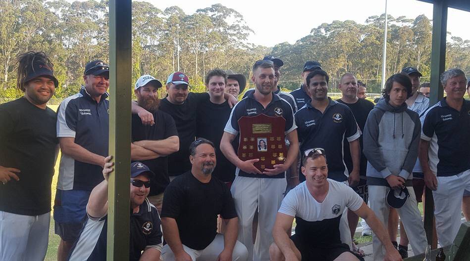 IT'S BACK: Members of the Southern Eurobodalla Cricket Club with the Cameron Crutcher Shield after victory over the Doyalson Cricket Club in a practice match. Photo: Steph Sweet