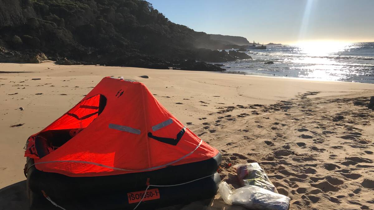 The life raft used by four men to escape the stricken fishing trawler that hit rocks off Bengunnu Point on Saturday, July 7. Photo: Westpac Life Saver Rescue Helicopter.