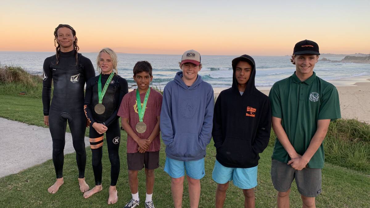 Valentino Guseli, Matt Driscoll, Michael Davies, Kane Doull, Phillip Davies, and Brandon Feledyk competed at the South Coast Junior Regional Surfing Titles on Saturday, May 11.