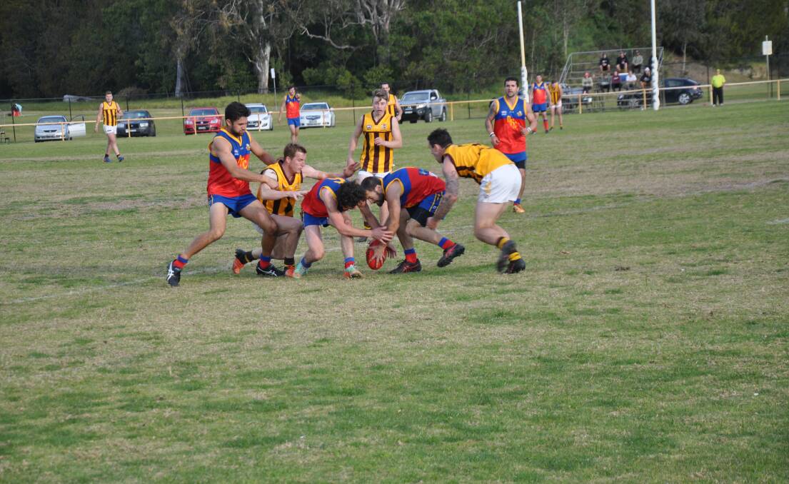 VICTORY: The Narooma Lions, pictured playing in last year's finals series, beat the Pambula Panthers by 74 points to stay on top of the SCAFL ladder.
