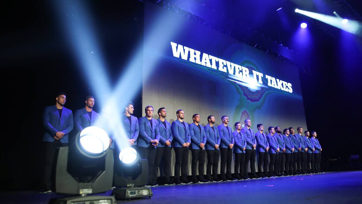 The NSW Blues Origin team stand on stage after being unveiled during the NSW State of Origin team announcement for Game 1 in Sydney, Monday, May 28, 2018. Photo: AAP Image/Brendan Thorne.