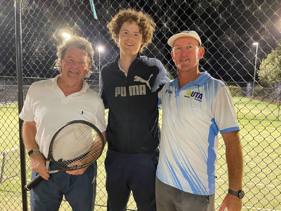 Geoff and Paul Metzler, along with the Milton Ulladulla District Tennis Association's club coach Kev, are looking for to the seniors' event. Picture supplied 