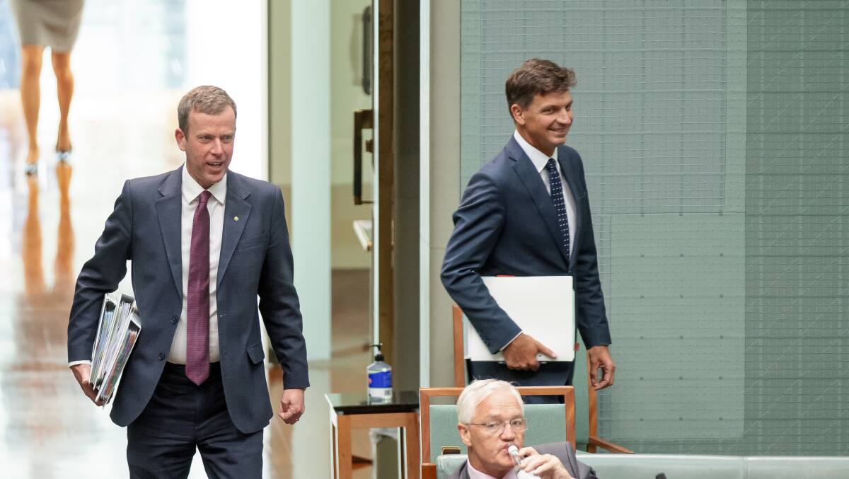 Trade minister Dan Tehan, pictured next to energy minister Angus Taylor, has refuted suggestions Australia lobbied the UK to ommit climate targets from its free trade deal. Picture: Sitthixay Ditthavong