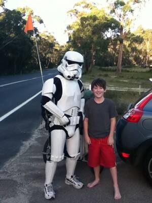 ON THE ROAD: Nathan Hawker, 10, and his mum saw the Stormtrooper while driving down to Melbourne and on the way back they stopped just south of Eden to have a chat and make a donation.
