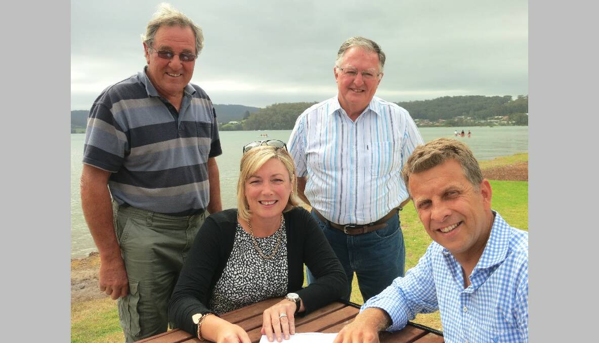 FLAGSHIP FUNDING: Oyster farmer David Maidment, NOF spokesperson Cath Peachey and Narooma Chamber of Commerce and NOF treasurer Paul Dixon thank Member for Bega Andrew Constance .