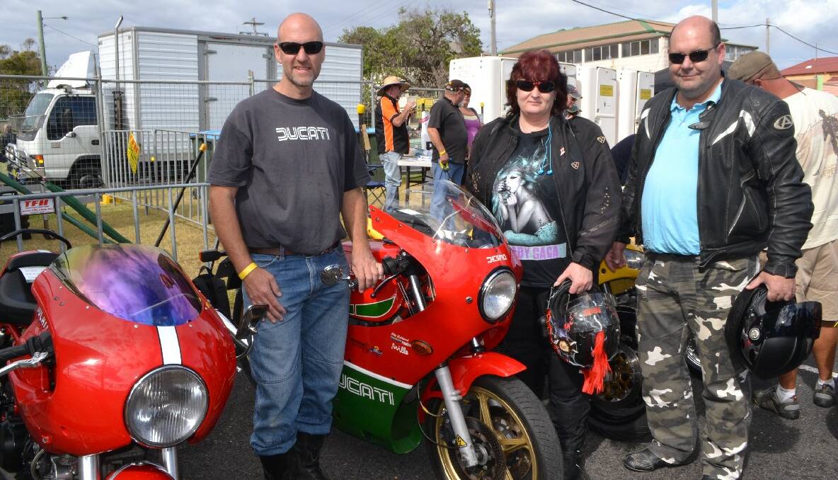 SHIRE RIDERS: Todd Campbell of Quaama pictured with his 1983 Ducati MHR 1000 and Bega riders Kim Hansford and Brian Spindler. 
