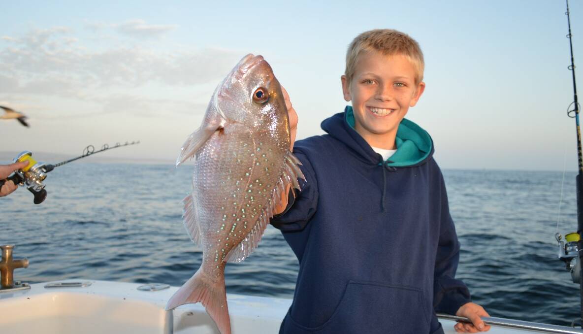 FIRST SNAPPER: Young Benjamin on his very first fishing trip showed everyone how it was done with a catch of snapper, mowies, kingfish and flathead while on Lighthouse Charters, well done Ben! 
