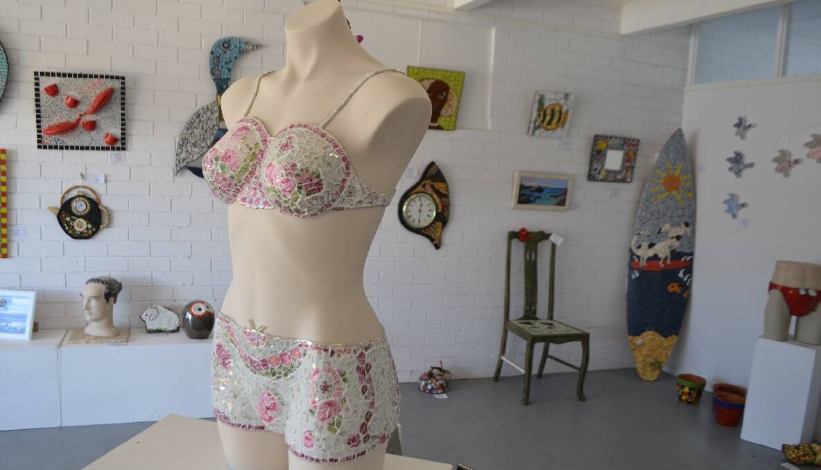 A large mannequin sporting pink mosaic underwear by Jan Atkinson dominated the centre of the room.