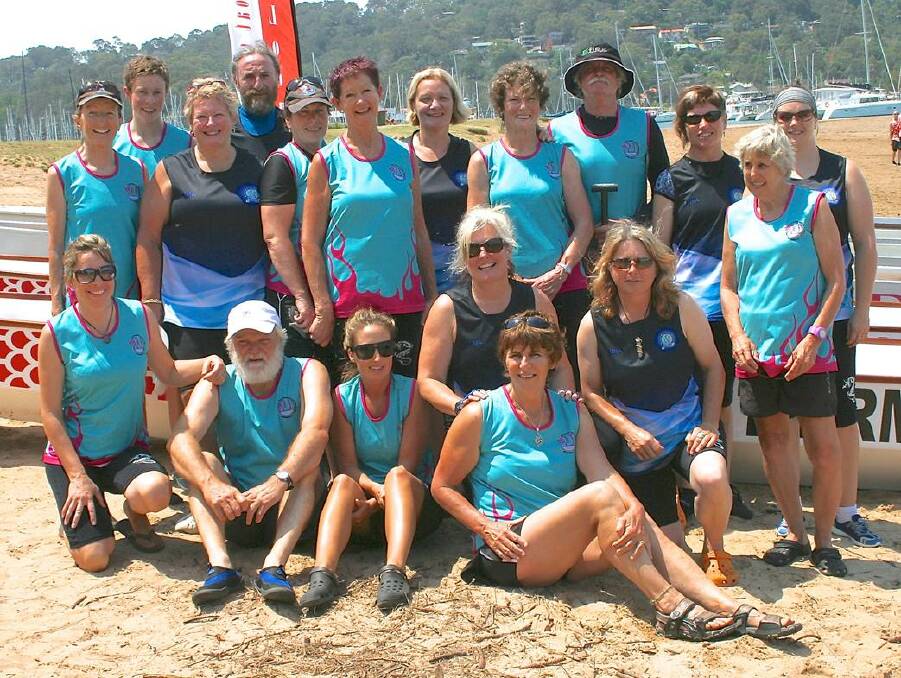 DRAGON BOATERS:  Paddlers pictured from front left Natasha Staker, Charles Helmore, Jess Perry, Gilly Kearney, Pat Helmore, Jane Mansergh and Heather Bond. Back from left Mary vanZella, Jay Staker, Helen Hayes, Peter Essex, Kate Smith, Lois Friedwaldt, Kathryn Essex, Lizzie Shaw, Laurie Smith, Sue Seath and Tania Brown.  Photo taken by Peter Seath. 