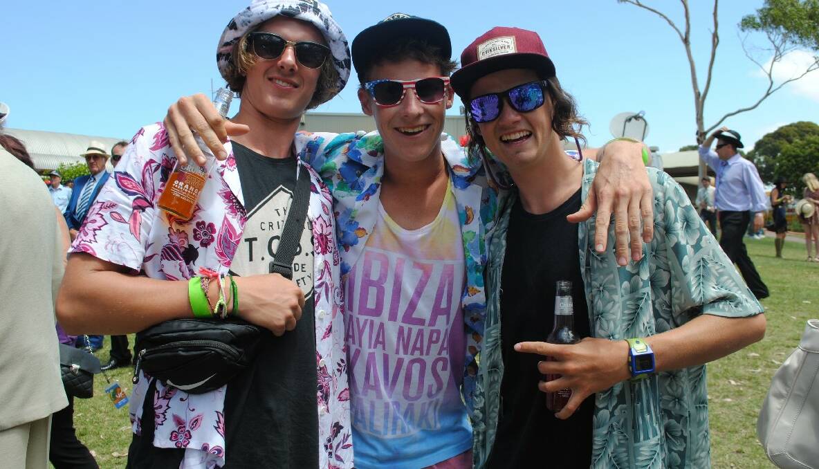 COOL DUDES: Jack Bridges, Nathan Pell and Callum Milburn of Melbourne found their own flair at the cup. 