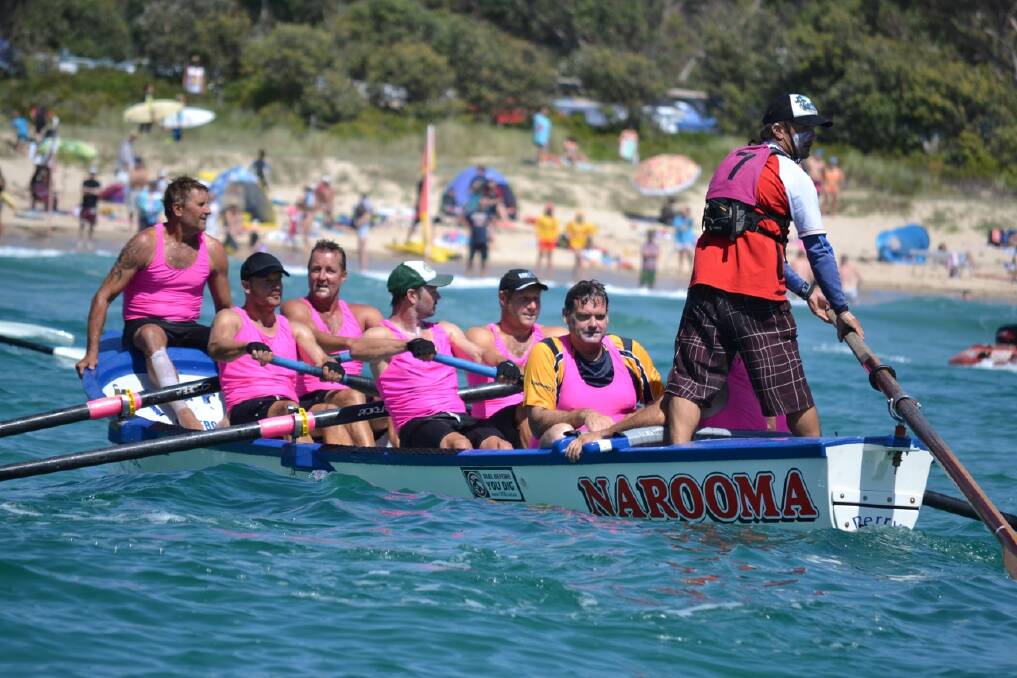 EIGHT IN: Narooma all jumped into the boat after the seventh win on the final leg of the George Bass Surfboat Marathon. Pictured from the front are Unto Holopainen, Nigel Constable, Glen Wilton, Jae Constable, Johnny Davis, Stuey Croser, Brendan Constable and Rod Patmore (obsured).