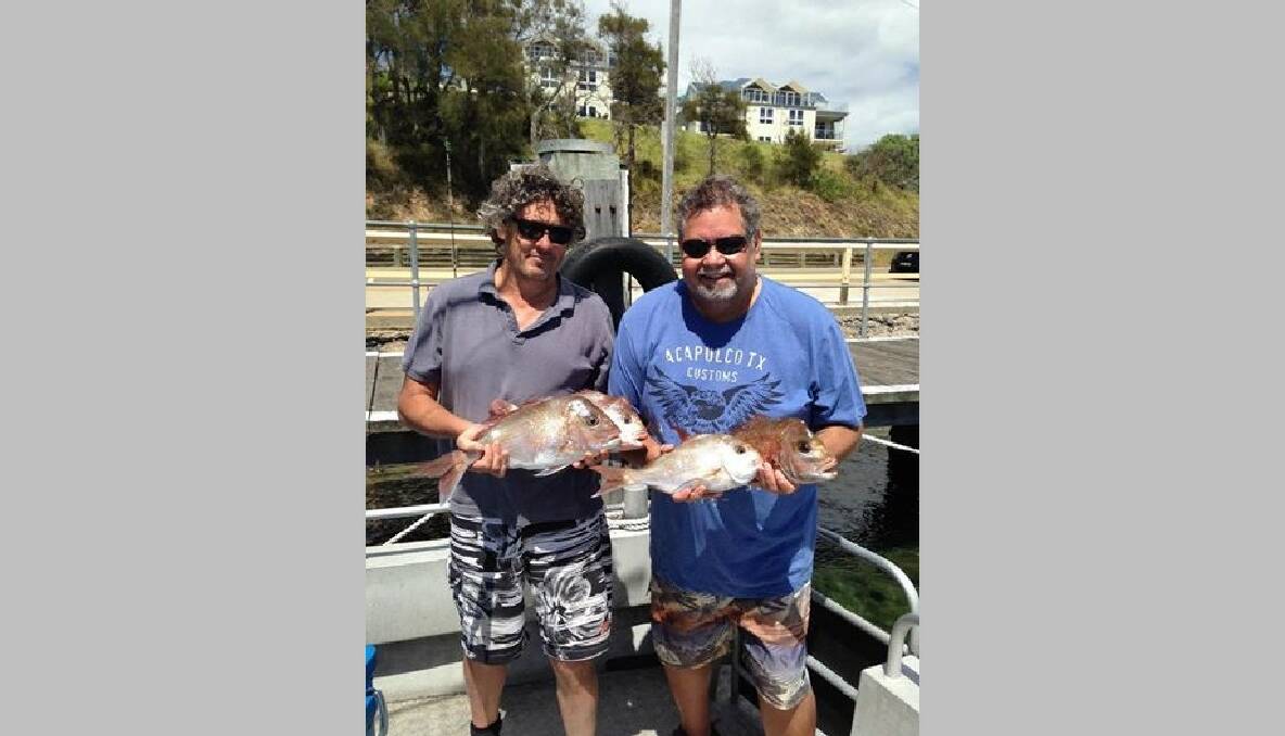 SHERIFF SNAPPER: Steve and Kane from Victoria got into the snapper off Tuross on Saturday fishing with Capt. Andy on The Sheriff. Capt. Andy and his guests had another great day on Monday getting 11 snapper and lots of other fish. 