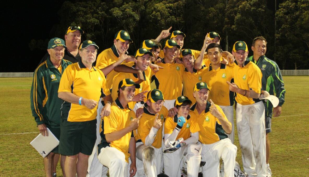 CRICKET STARS: The Australian Under 16 Years Boys Cricket team won the Tri-Nations Twenty/20 Series title after a thrilling match against the West Indies team under lights at the University of Wollongong Cricket Ground. Bryce is far right on bottom row. Photo by Jessica Butt 