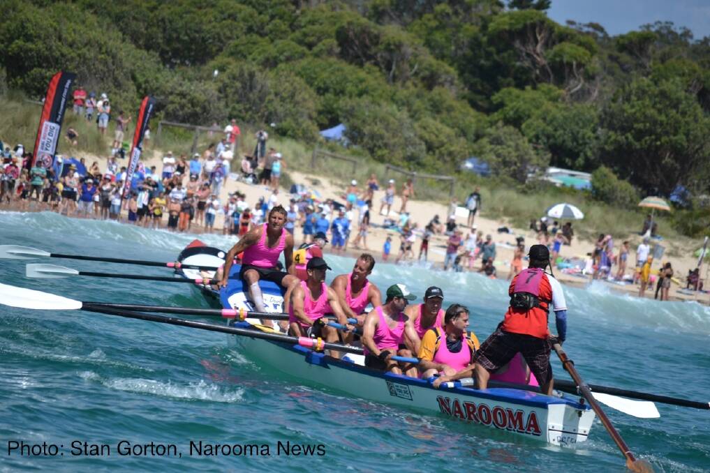 EIGHT IN: Narooma all jumping into the boat after the seventh win on the final leg of the George Bass Surfboat Marathon. Pictured from the front are Unto Holopainen, Nigel Constable, Glen Wilton, Jae Constable, Johnny Davis, Stuey Croser, Brendan Constable and Rod Patmore (obsured).