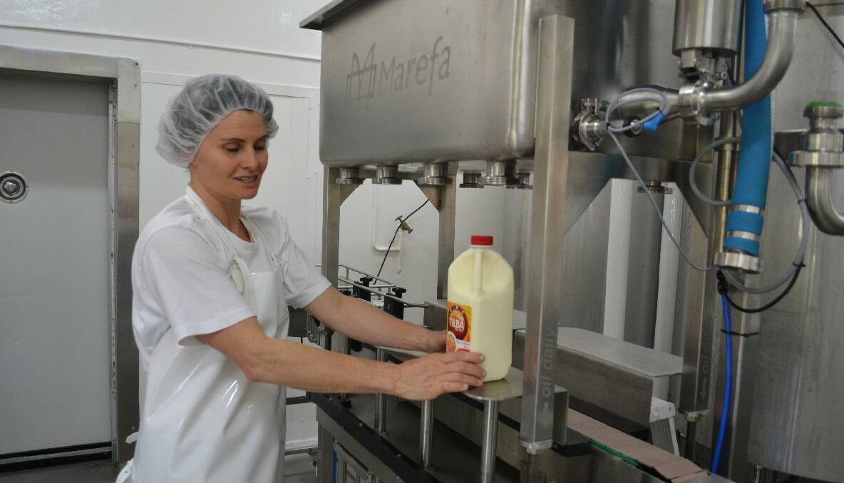 MILK BOTTLING: Erica Dibden and the milk-bottling equipment that could potentially produce up to 4000 litres. 