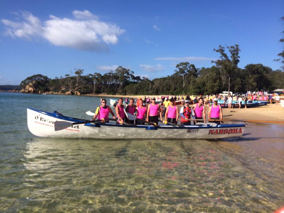 Team Narooma poses for a photo before the final leg of the George Bass Surfboat Marathon.