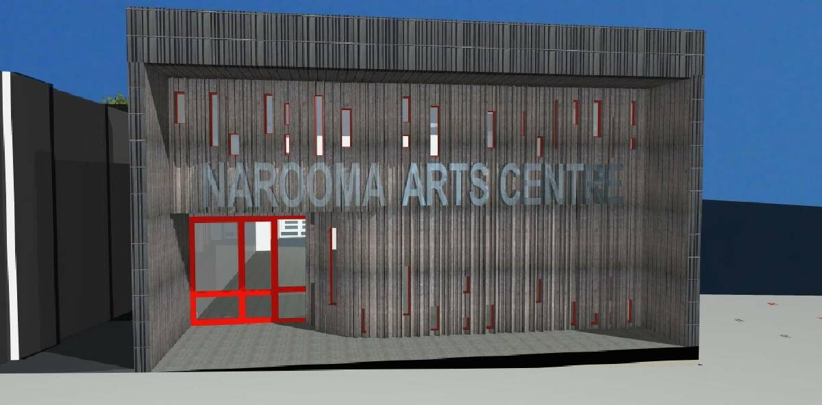 NAROOMA ARTS CENTRE FRONT: ClarkeKeller’s concept for the Campbell Street frontage of Narooma Arts Centre. Shaded areas either side shows the height of adjoining buildings, on the left the Kinema, on the right Narooma Motors. Courtesy ClarkeKeller.
