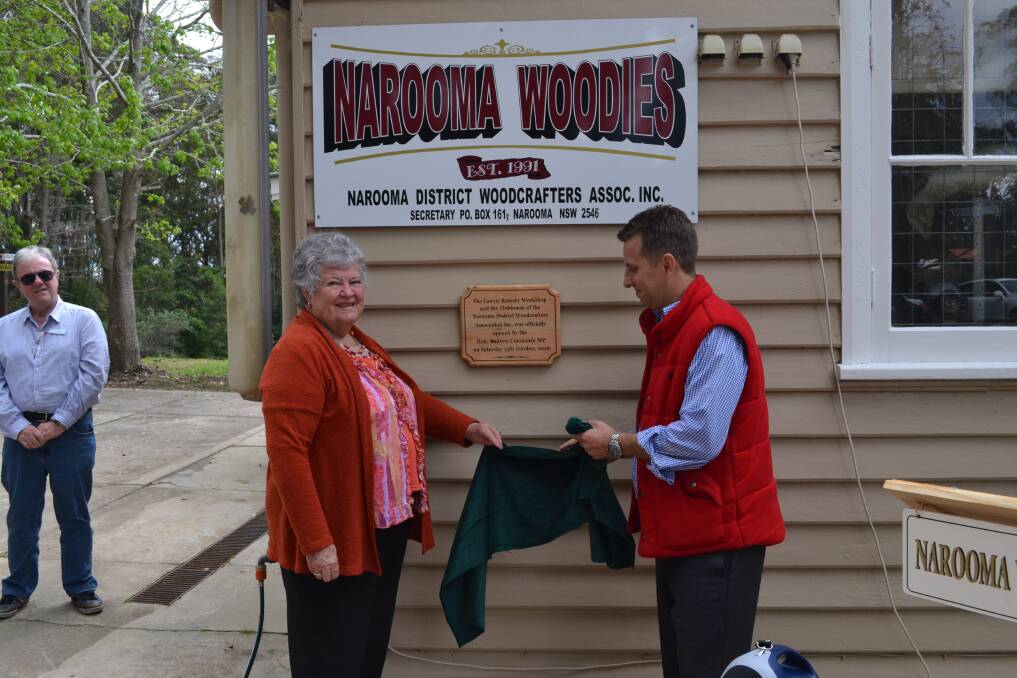 WOODIES’ HOME: Margery Ramsey and State Member Andrew Constance unveil the plaque at the old Bodalla Public School where the Narooma Woodies have officially taken up residence. 