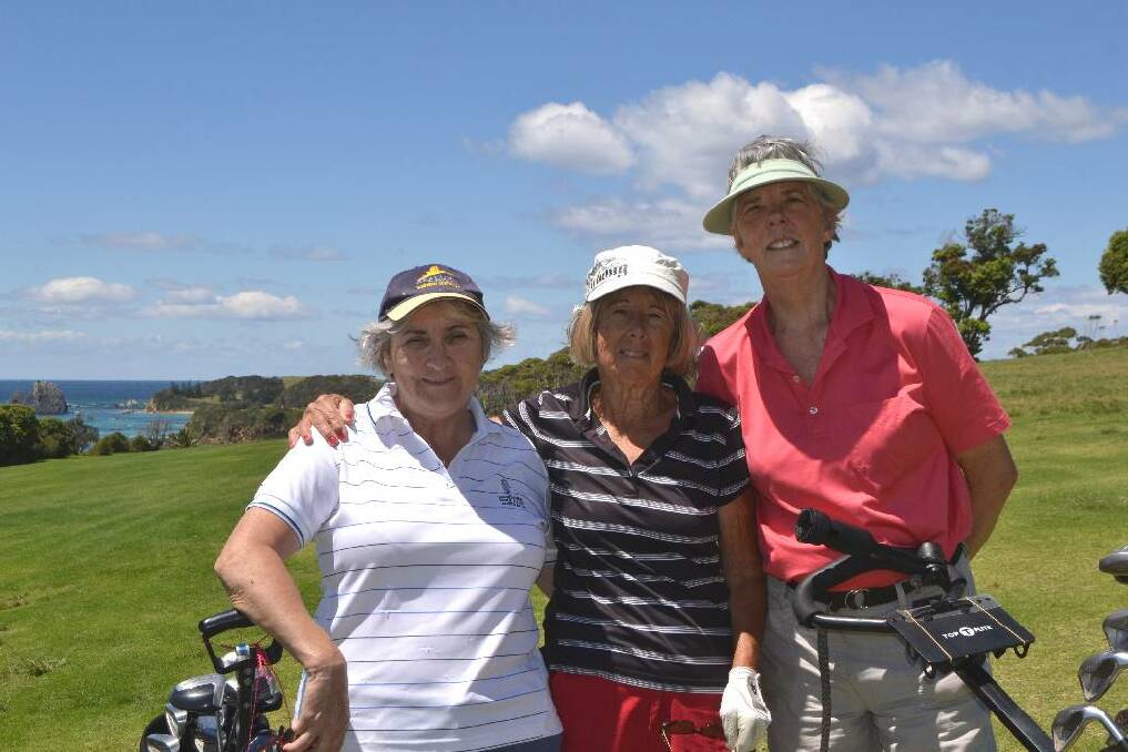 GORGEOUS GOLF: Local ladies Veronica Shakeshaft, Marg Spong and Jane Wass enjoyed a brilliant day on the Narooma Golf Course playing the Friday mixed 9 hole comp.