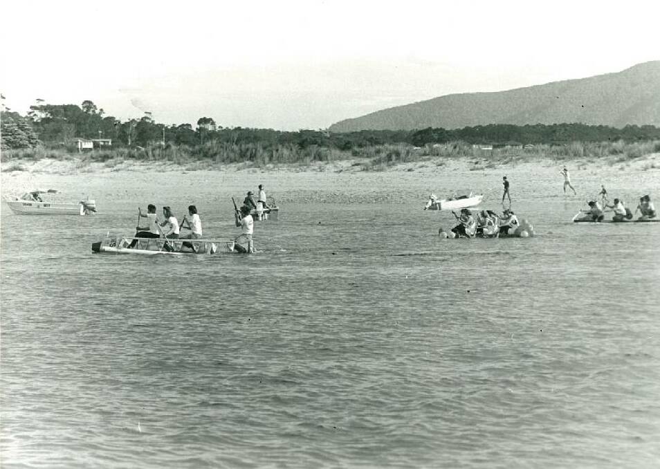 The Narooma Booma Festival was held in 1984 and 1985. These are some photos of the raft race that was held both years where people built and paddled their raft from Bar Beach to the Narooma bridge.