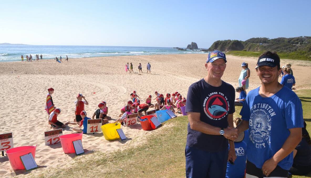 SURF PRESIDENT: The president of Surf Life Saving Australia Graham Ford on Sunday stopped in at the Narooma Surf Life Saving Club where he had a chat with Narooma surfboat sweep Brendan Constable.